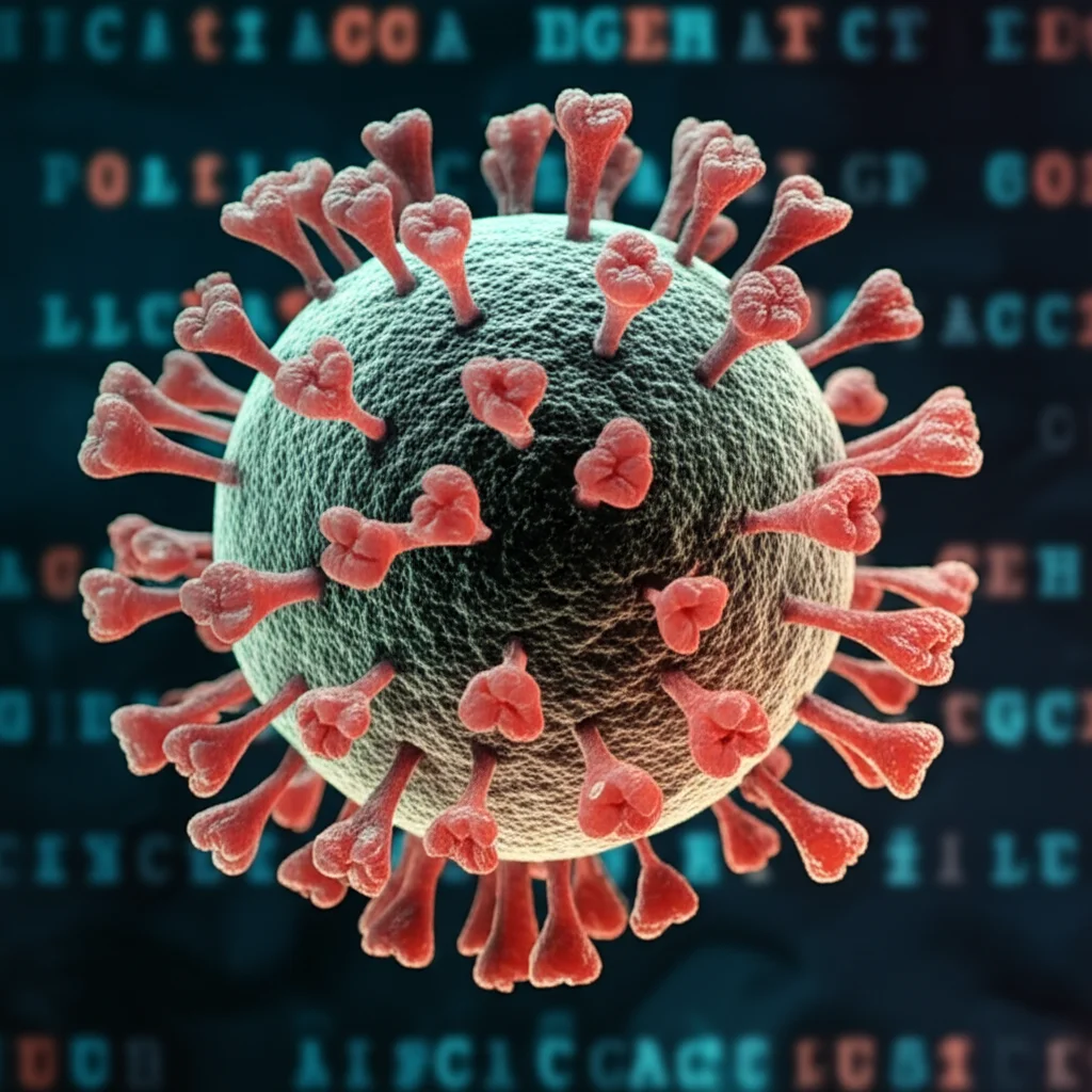 Photorealistic macro image of a virus particle model superimposed on a genetic sequence visualization, 105mm macro lens, high detail, controlled lighting, representing genetic characterization of viruses.