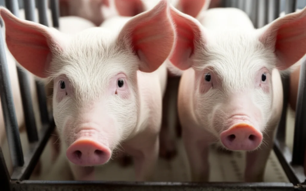 Photorealistic image of a group of piglets in a research pen, 35mm lens, sharp focus, observing clinical signs, representing animal study context.