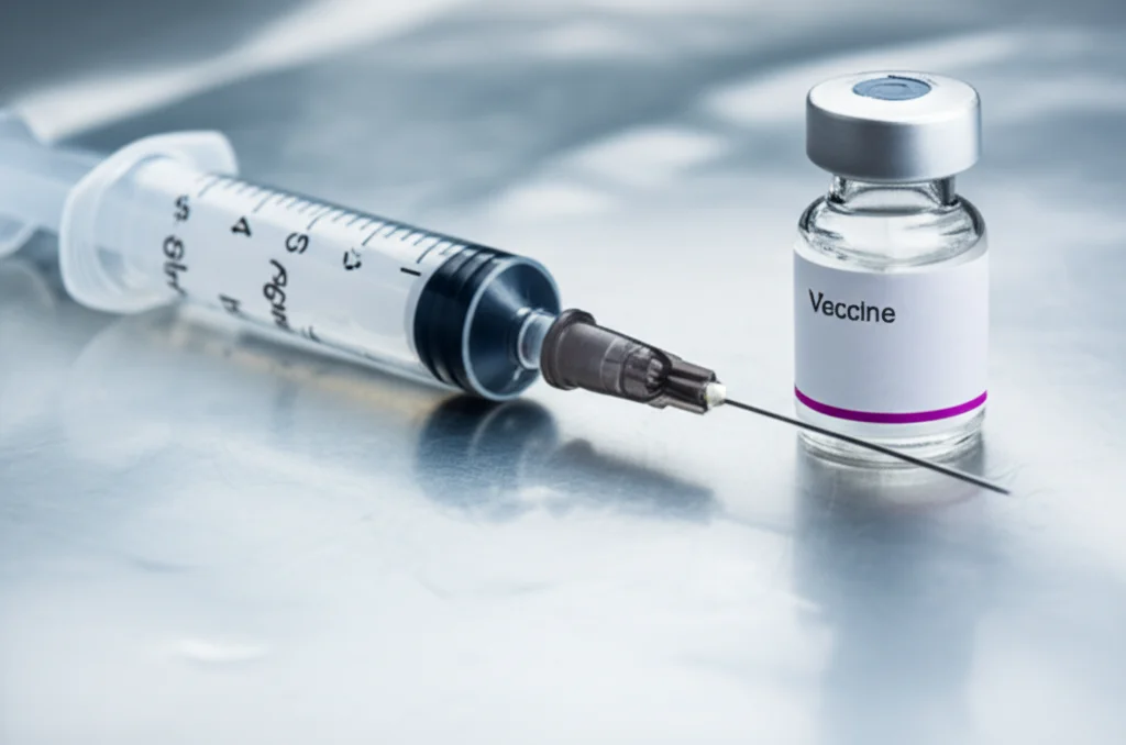 Photorealistic image of a syringe and vaccine vial in a veterinary setting, 60mm macro lens, precise focusing, controlled lighting, symbolizing vaccination efforts.
