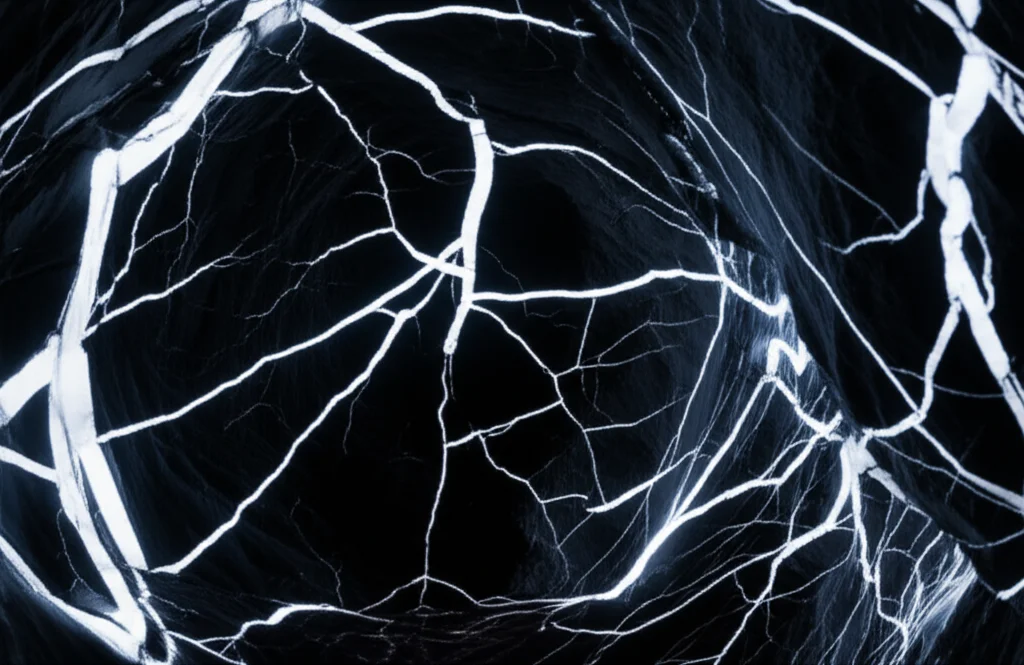 Photorealistic image of a complex network of glowing fractures within dark rock, viewed underground with a wide-angle lens, 18mm, sharp focus, detailed lighting highlighting fracture pathways.