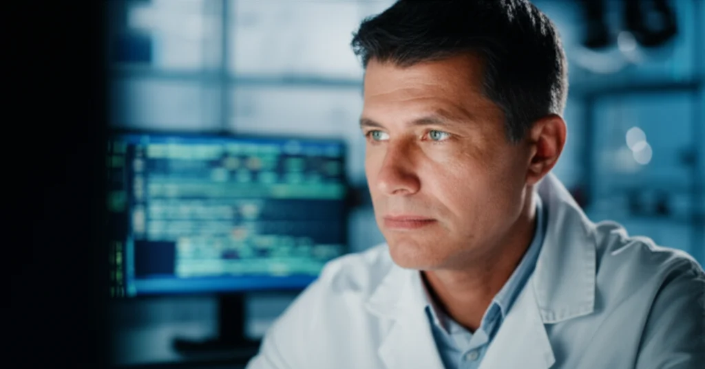 Portrait photography, 35mm lens, depth of field, showing a scientist in a lab coat looking intently at a computer screen displaying genetic sequencing data, controlled lighting.
