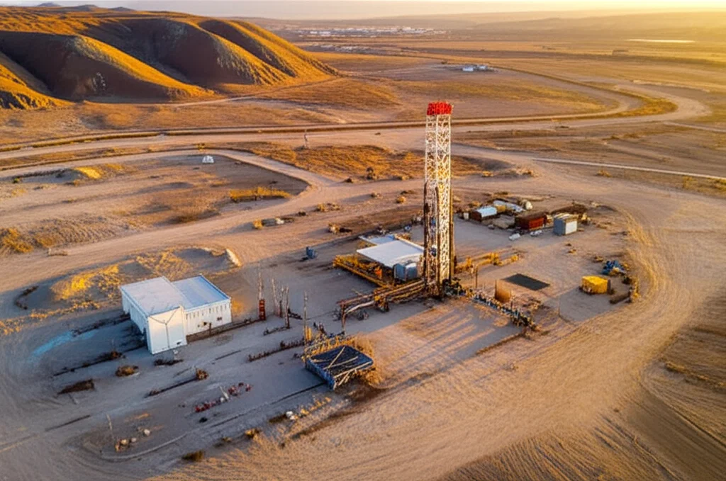 Photorealistic aerial view of a remote gas well site in a dry, rocky landscape, telephoto zoom, 150mm, sharp focus on the wellhead, golden hour lighting.