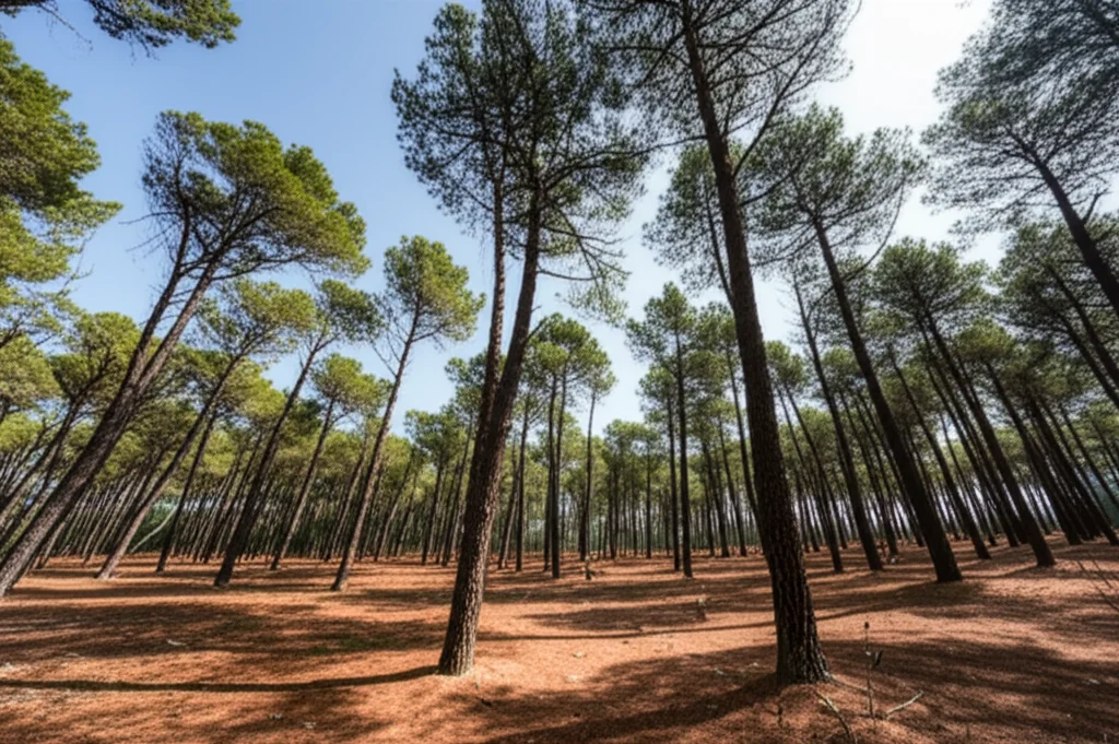 Wide-angle landscape photo, 10mm, sharp focus, showing a mixed Scots pine and oak forest under a bright sky in a dry Mediterranean region, illustrating the challenge of climate change adaptation.