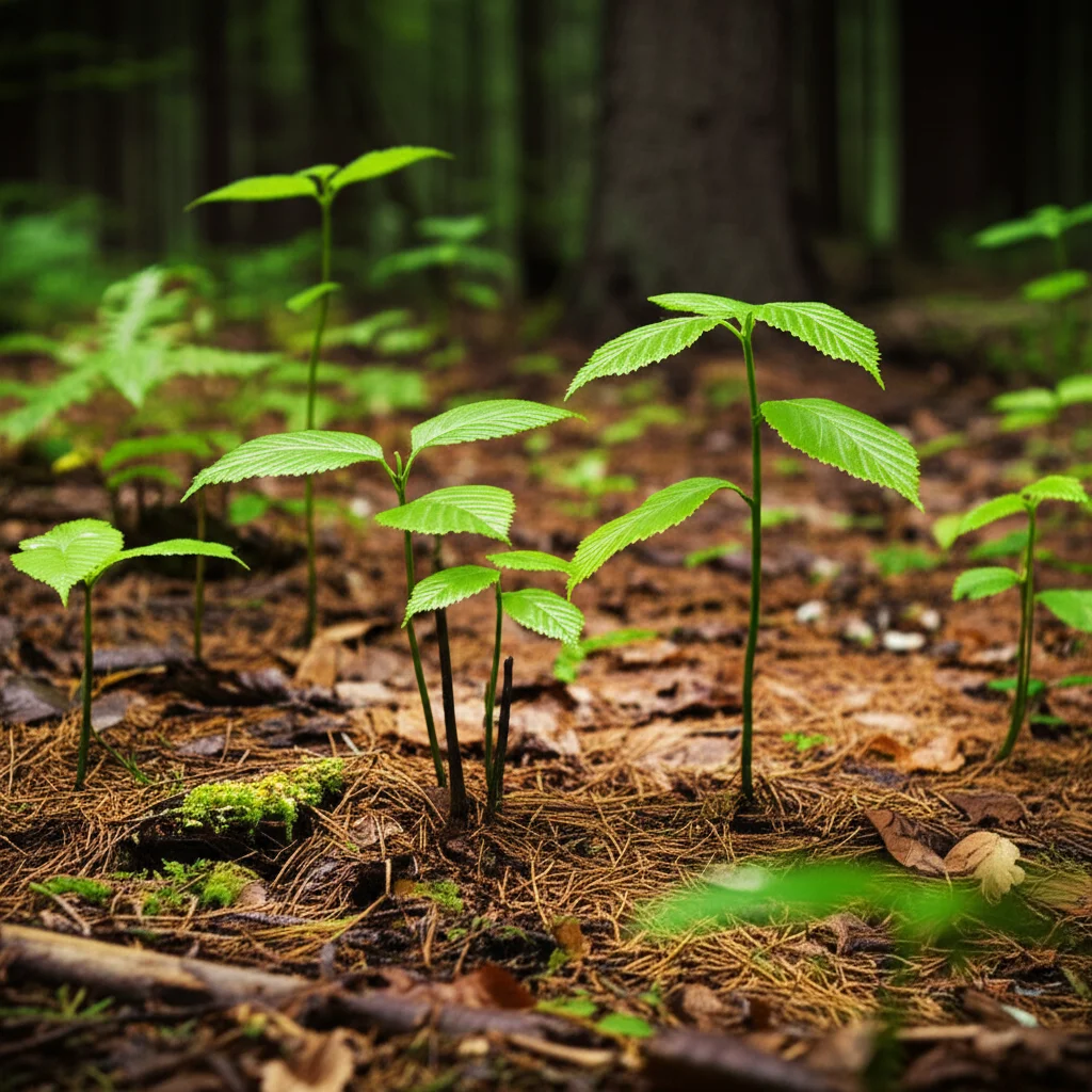 Macro photo, 60mm, high detail, precise focusing, showing young tree seedlings and saplings on the forest floor, illustrating forest regeneration potential in a mixed forest.