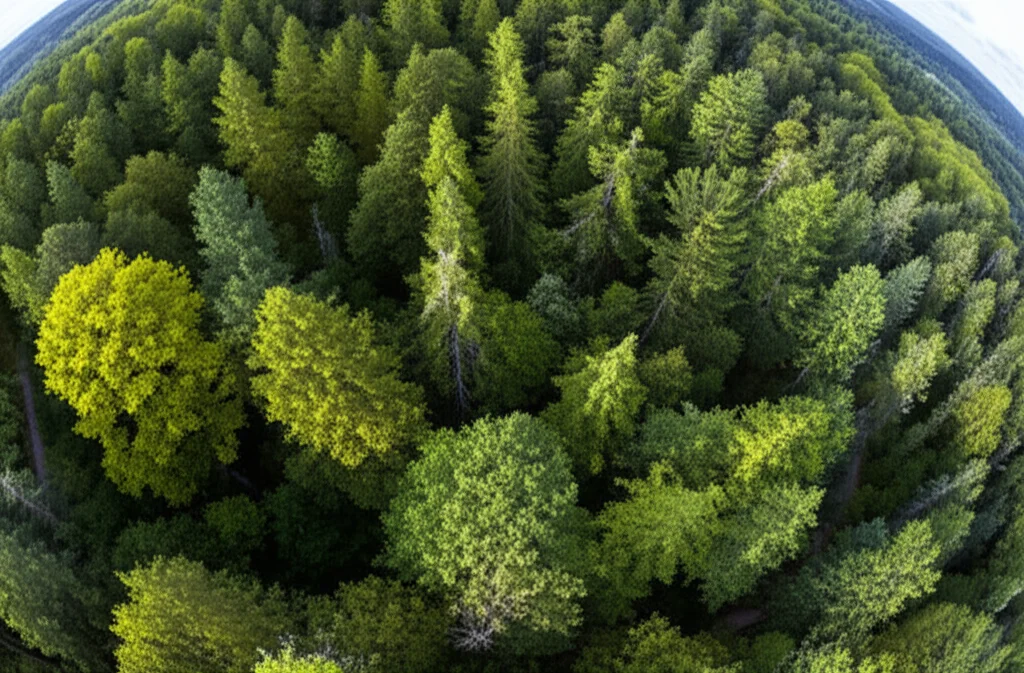 Wide-angle landscape photo, 10mm, sharp focus, showing a diverse mixed forest canopy from above, illustrating the concept of promoting different tree species for climate change adaptation.