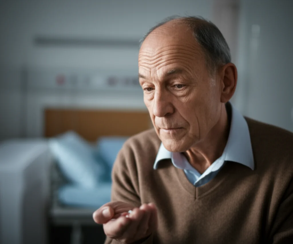 Photorealistic portrait, 35mm lens, depth of field, of an older French person looking thoughtfully at a small collection of pills in their hand, set against a softly blurred background of a hospital room.