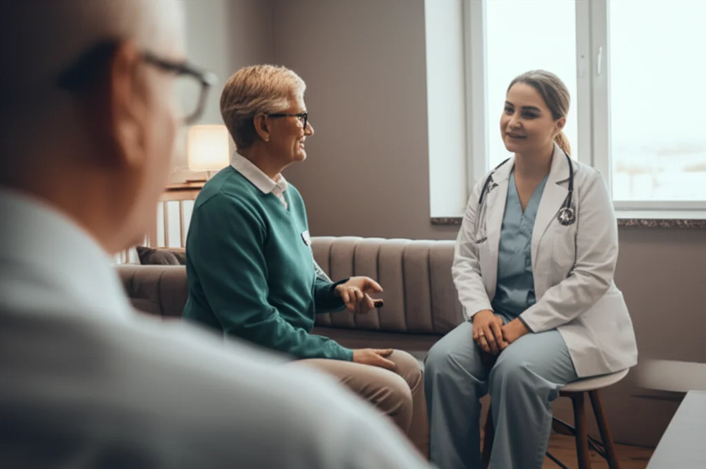 Photorealistic scene, 24mm lens, depth of field, showing a friendly healthcare professional (perhaps a nurse or pharmacist) sitting and having a detailed conversation with an older patient in a comfortable, well-lit setting, emphasizing therapeutic alliance and communication.