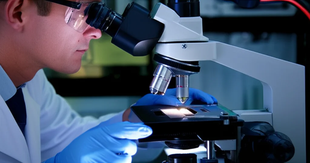 Photorealistic image of a metallurgist examining a sample of ductile iron under a high-detail macro lens microscope, 105mm focal length, with controlled lighting highlighting the microstructure showing graphite nodules and ferrite grains.
