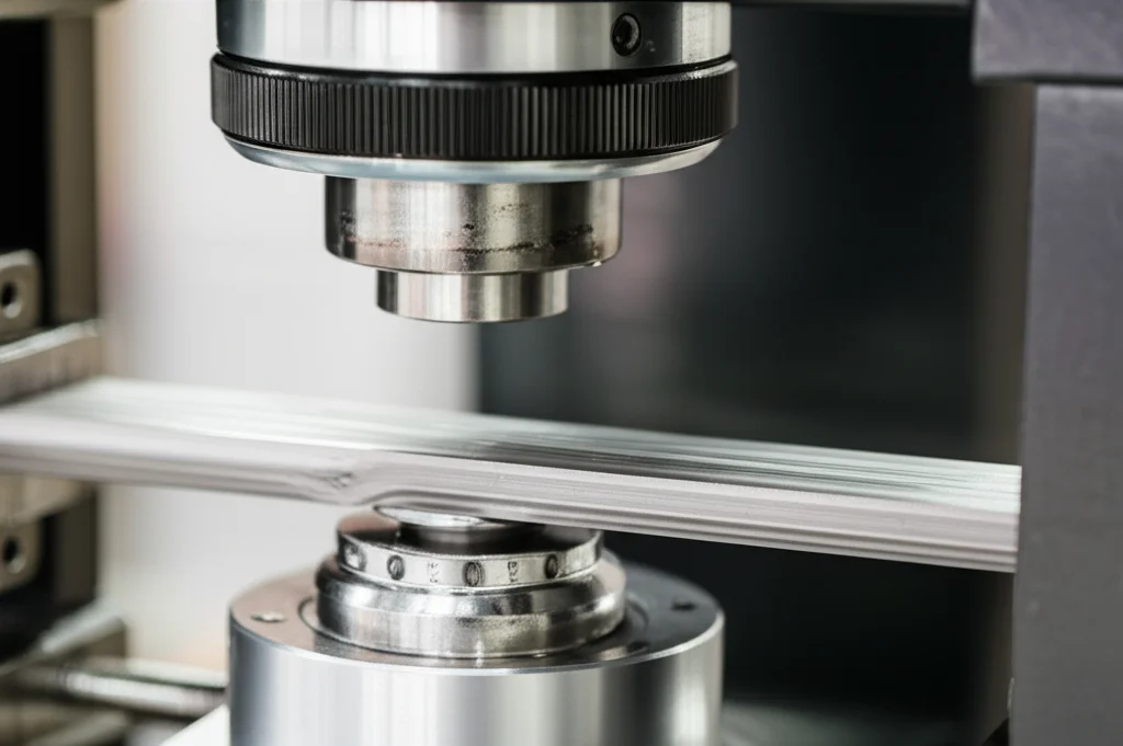 Photorealistic image of a tensile testing machine pulling a metal specimen, telephoto zoom lens, 100mm focal length, fast shutter speed capturing the moment of deformation, highlighting the sample under stress.