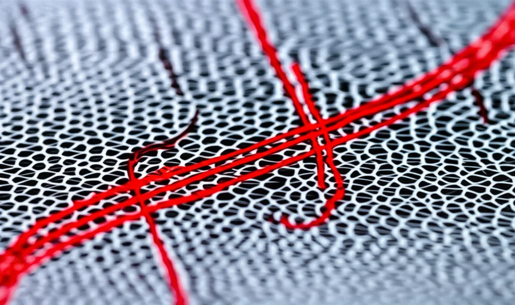 Photorealistic image showing a conceptual diagram of a Matrix Assessment Diagram (MAD) with data points forming two distinct lines, illustrating the separation between sound and defective material parameters, macro lens, 60mm focal length, high detail.