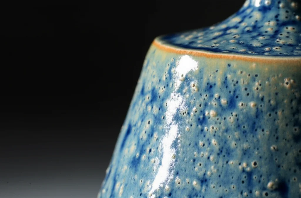 A macro lens shot at 60mm of a beautifully crafted ceramic piece, showcasing high detail and precise focusing under controlled lighting.