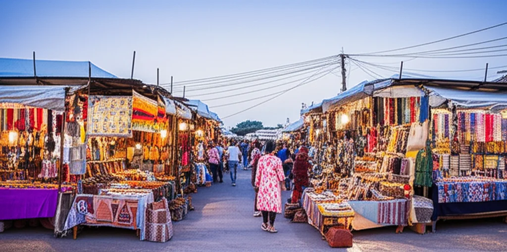A wide-angle landscape shot at 10mm showing a bustling marketplace filled with stalls selling diverse cultural and creative products, sharp focus on the variety.