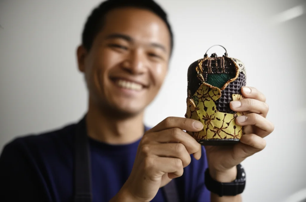 A 35mm portrait shot with depth of field, showing a smiling person holding a unique, handcrafted cultural product, focus on the product and the happy expression.