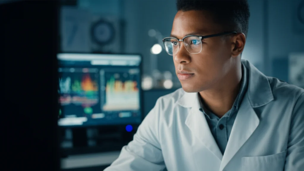 Photorealistic image of a researcher in a lab coat looking intently at a complex data visualization on a large monitor, representing advanced proteomic analysis. Use a macro lens, 60mm, high detail, precise focusing, controlled lighting.