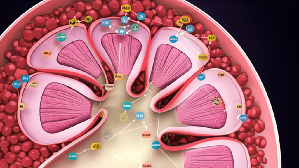 Photorealistic image depicting cellular pathways, with interconnected nodes and lines, highlighting specific proteins related to inflammation, fibrosis, and oxidative stress within a kidney cell context. Use a macro lens, 100mm, high detail, precise focusing, controlled lighting.