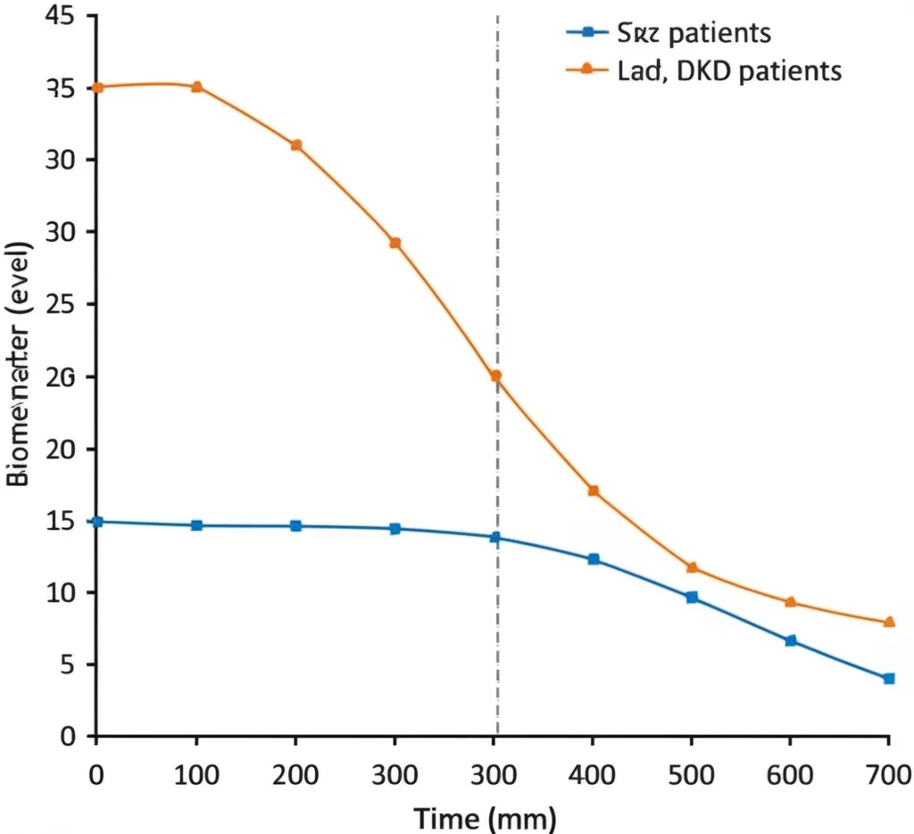 Photorealistic image of a graph showing two lines diverging over time, one increasing (placebo) and one staying stable or decreasing (treatment), representing the change in biomarker levels in severe DKD patients. Use controlled lighting, high detail.