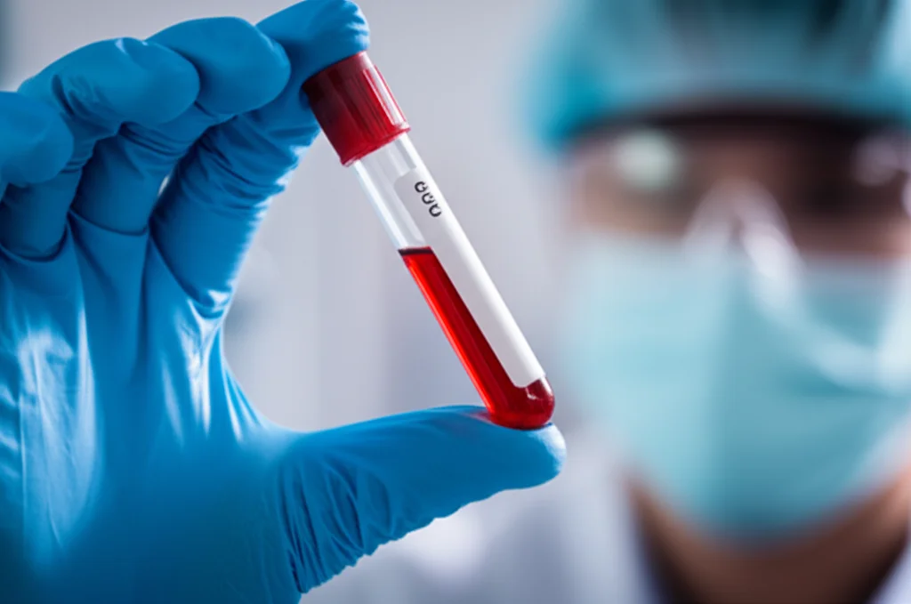 Photorealistic image of a close-up on a blood sample tube being handled by a gloved hand in a modern laboratory setting, symbolizing biomarker analysis and future medical testing. Use a macro lens, 60mm, high detail, precise focusing, controlled lighting.
