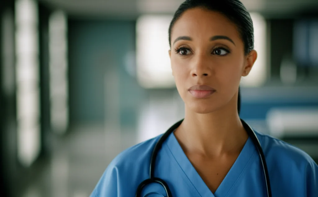 Photorealistic portrait of a head nurse in a hospital setting, 35mm lens, depth of field, looking thoughtful and determined.