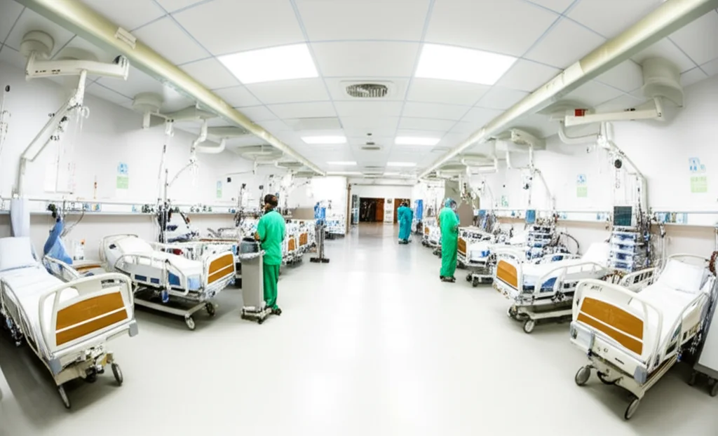 Photorealistic image showing a wide-angle view of a busy, modern hospital ward, 10mm lens, sharp focus, conveying the environment where ethical decisions are made.
