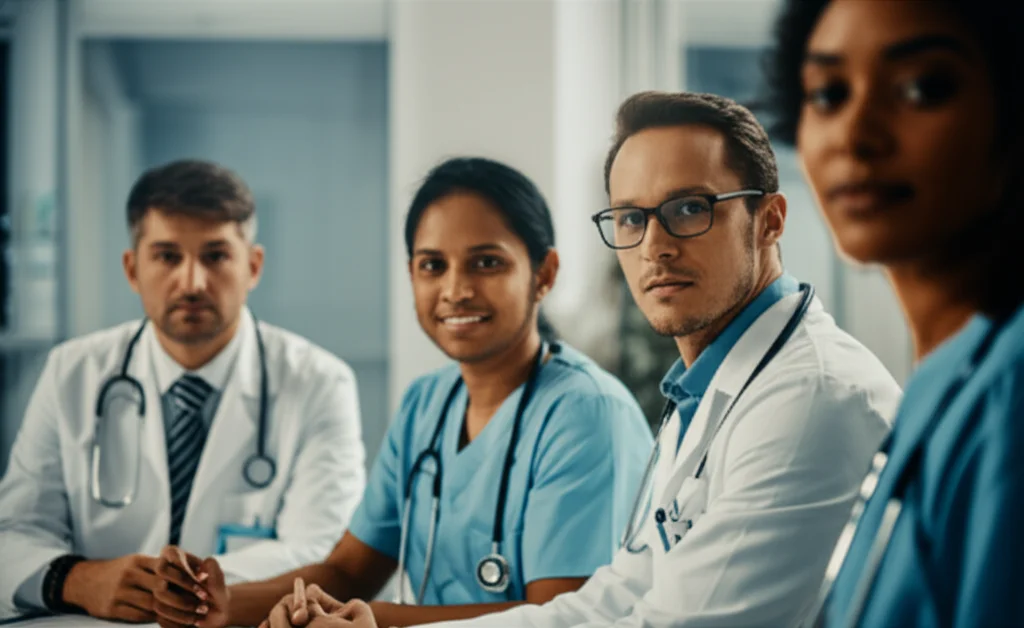 Photorealistic close-up portrait of a diverse group of healthcare professionals in a meeting room, 24mm lens, shallow depth of field, focusing on their expressions of collaboration and ethical discussion.
