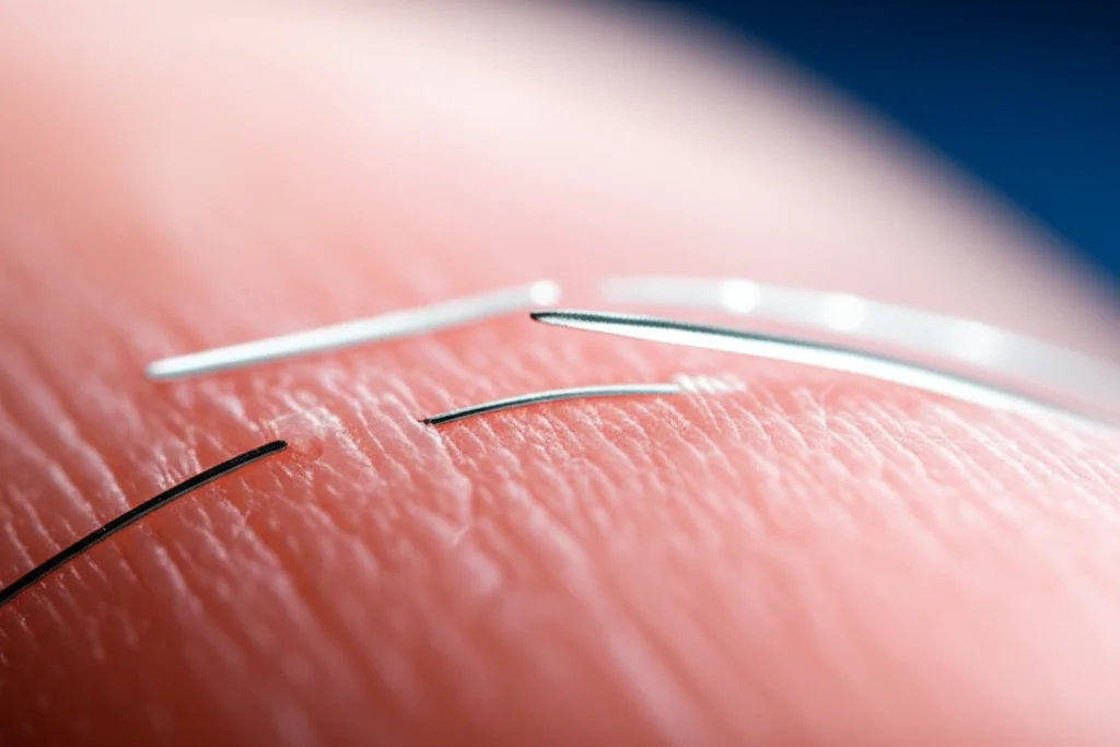 Close-up macro shot of surgical sutures on tissue, showing slight tension or imperfection, 60mm macro lens, high detail, controlled lighting.