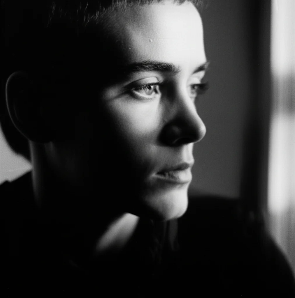Portrait photography, 35mm, film noir style, depicting a pensive person looking away, with subtle shadows suggesting internal conflict or societal pressure related to gender identity and relationships.