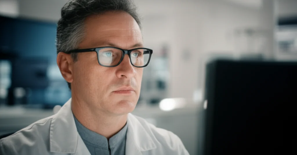 Portrait of a medical researcher looking thoughtfully at data on a screen, soft focus background of a hospital setting, 35mm portrait lens, depth of field.