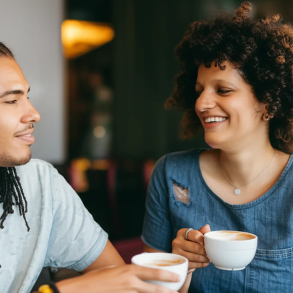 Portrait photography, 24mm, depth of field, showing two people of diverse genders and backgrounds connecting warmly over coffee, emphasizing acceptance and genuine human connection.
