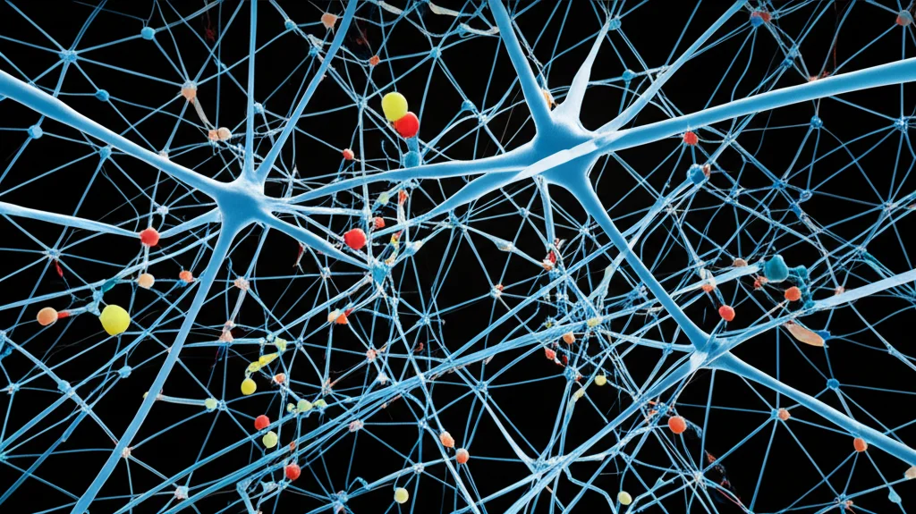 Abstract visualization of chemical compounds interacting with a neural network, high detail, precise focusing, controlled lighting.