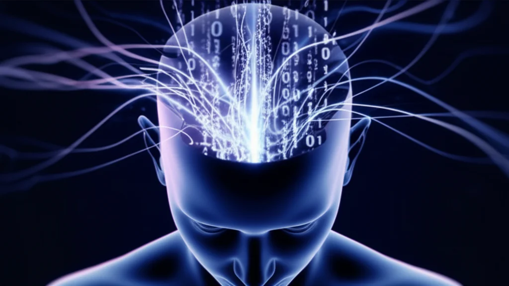 Conceptual image of a person's head with abstract data streams and neural connections, 35mm portrait, depth of field, duotone (blue and purple).