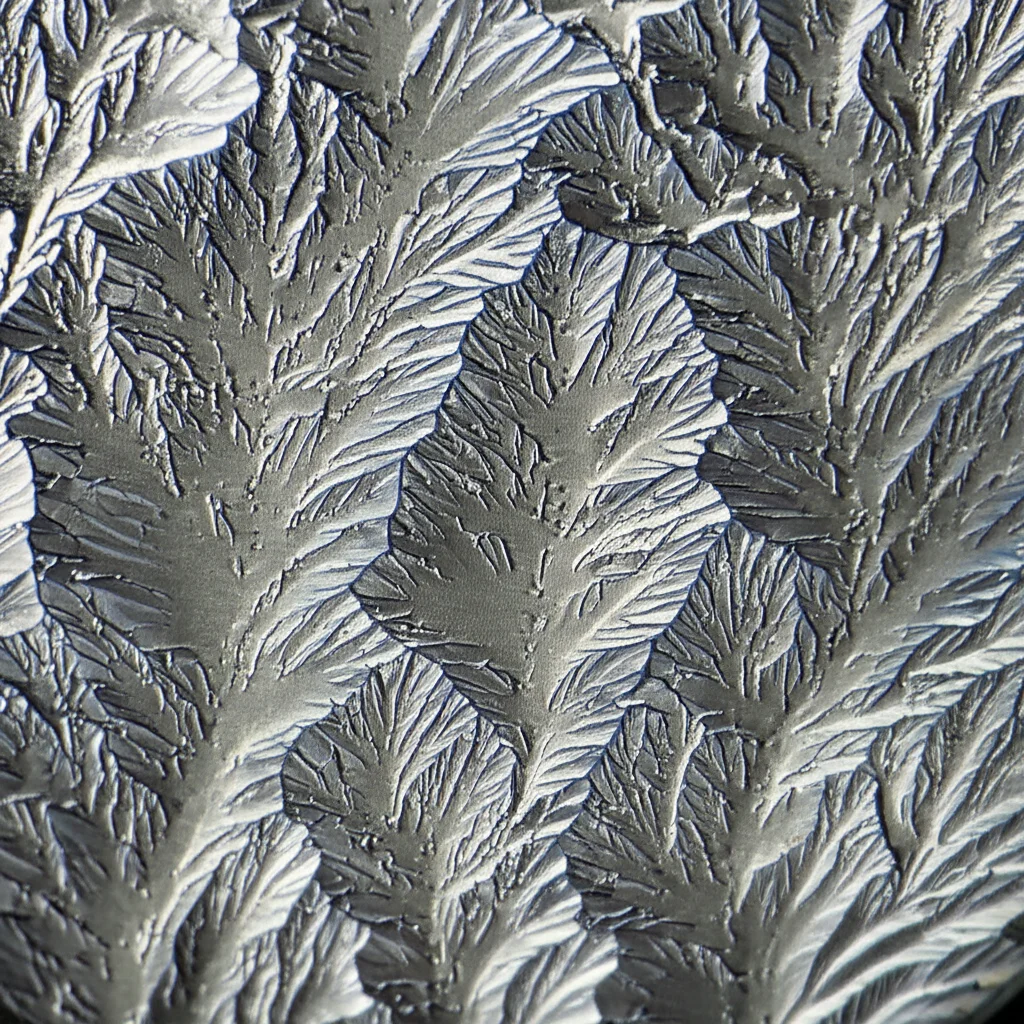 High detail macro photograph of a specially textured metallic alloy surface, showing subtle crystalline patterns. Precise focusing, controlled lighting, 60mm macro lens.