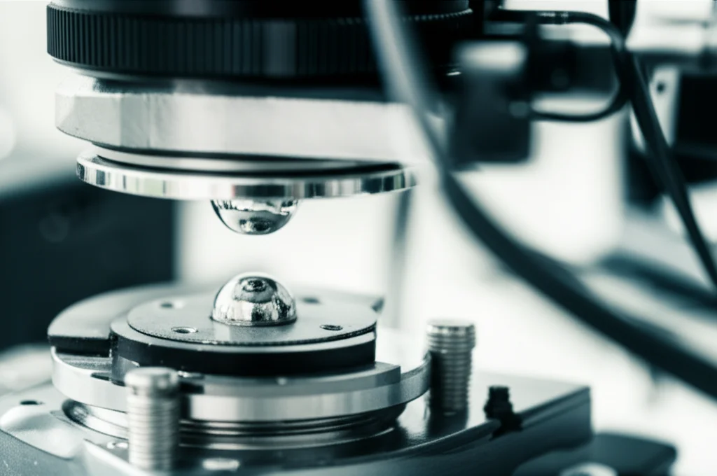Detailed macro shot of a small, polished metallic sample under mechanical stress in a laboratory setting. Scientific equipment visible in the background, suggesting measurement. High detail, precise focusing, controlled lighting, 100mm macro lens.