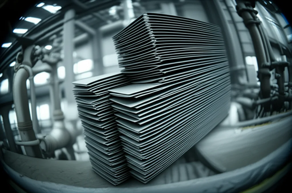 Conceptual image showing a stack of metallic plates or fins, representing a heat exchanger component, within a stylized industrial setting. Focus on the material's potential for practical use. Wide-angle lens, 24mm, sharp focus, controlled lighting.