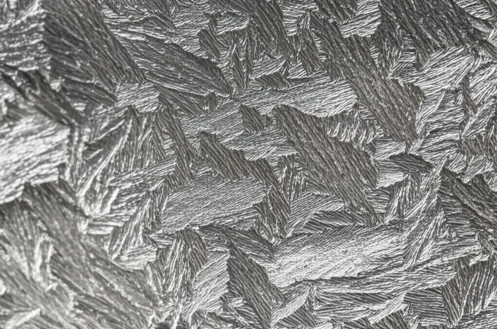 High detail macro photograph of a specially textured metallic alloy surface, showing subtle crystalline patterns. Precise focusing, controlled lighting, 60mm macro lens.