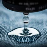 Macro lens, 105mm, high detail, precise focusing, controlled lighting on a single drop of clean water falling onto a piece of raw denim fabric, symbolizing sustainability potential.