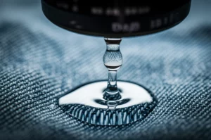 Macro lens, 105mm, high detail, precise focusing, controlled lighting on a single drop of clean water falling onto a piece of raw denim fabric, symbolizing sustainability potential.