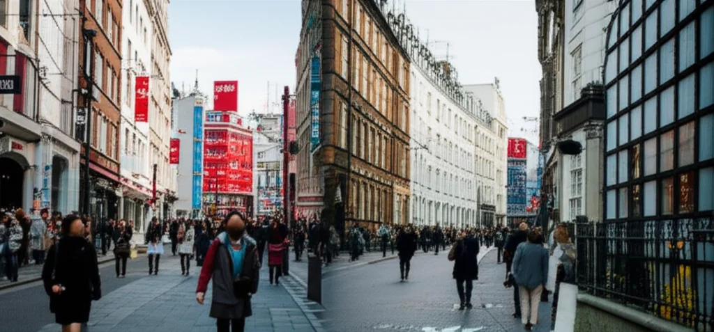A wide-angle landscape shot showing a bustling street scene in Tokyo juxtaposed with a quieter, more traditional British street. The image uses a wide-angle lens (10mm) with sharp focus across the scene, highlighting the cultural contrast in environments where social interactions occur. The style is photorealistic, capturing the detail of both locations.