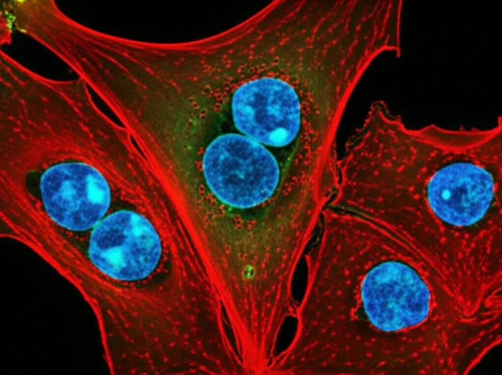 Objects (still life), Macro lens, 60mm, High detail, precise focusing: Microscopic image showing stained cells, highlighting a cluster of cells positive for keratin (green) and negative for CD45 (red), with cell nuclei visible (blue).