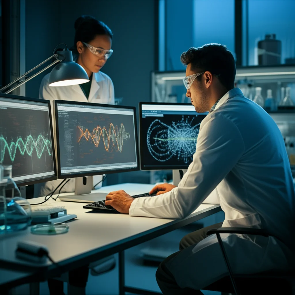 Wide-angle lens, 24mm, controlled lighting: A modern laboratory setting with researchers looking at data on screens, representing the analysis of complex genomic information.