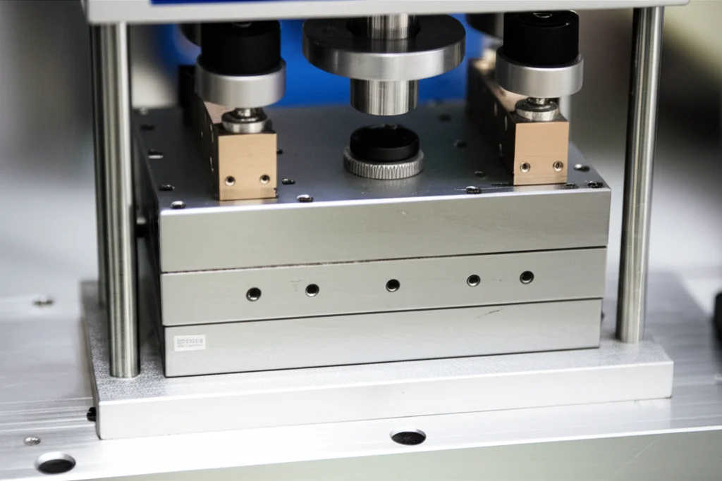 A high-detail, macro lens shot (100mm) of a direct shear test device, focusing precisely on the shear box and load cells, under controlled laboratory lighting.