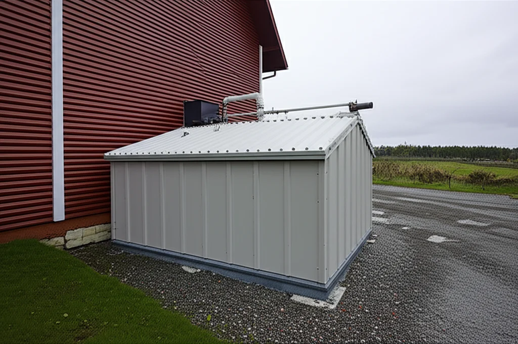 A small farm-scale biogas digester unit next to a barn on a Finnish farm, macro lens, 105mm, high detail, precise focusing, controlled lighting.