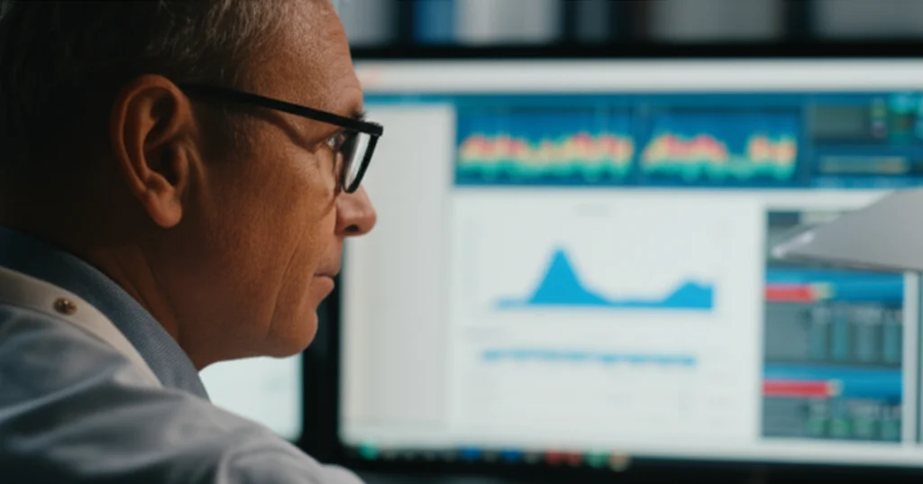 A medical researcher looking intently at a computer screen displaying complex charts and graphs of patient data, 35mm portrait, depth of field, controlled lighting.