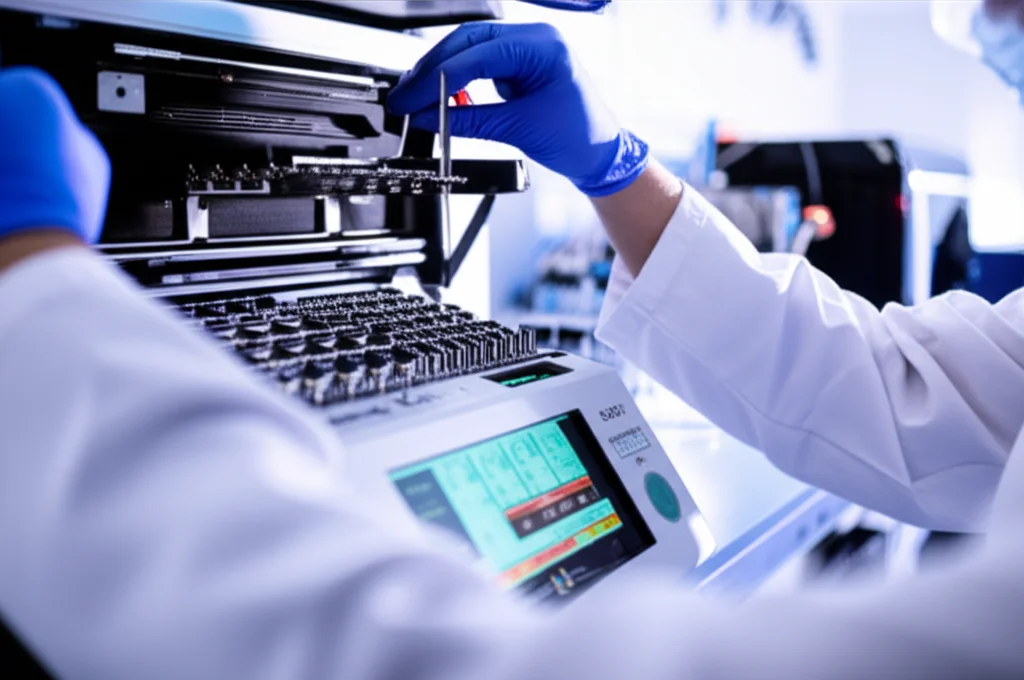 A close-up shot of a laboratory technician working with DNA sequencing equipment, macro lens, 105mm, high detail, precise focusing, controlled lighting.