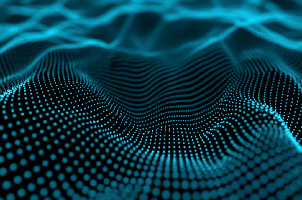 An abstract visualization showing scattered data points forming a complex, irregular surface in a 3D grid, macro lens, 60mm, high detail, controlled lighting.