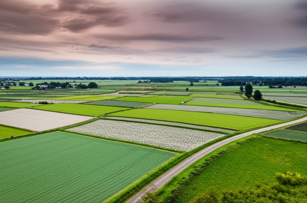 landscape wide angle 10mm, sharp focus, a patchwork of different farming systems under a changing sky in a cool temperate climate