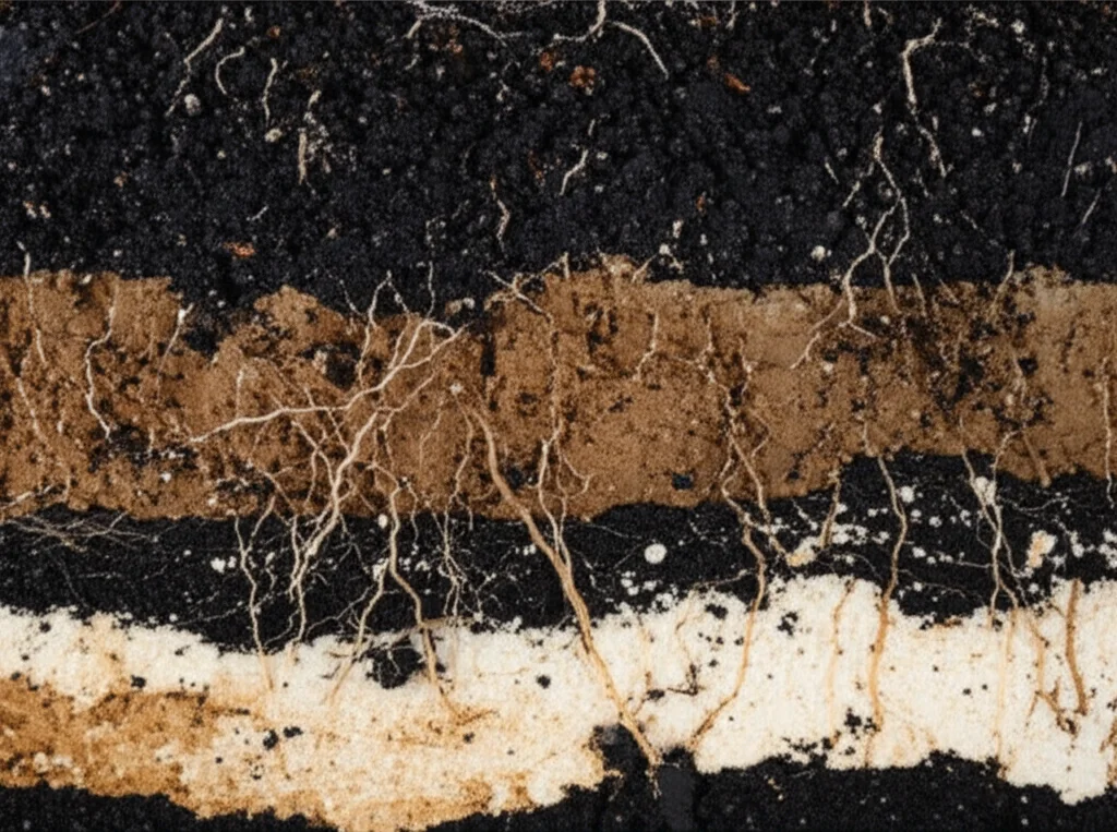 soil profile with visible roots, macro lens, 105mm, high detail, showing rich organic matter and different soil layers
