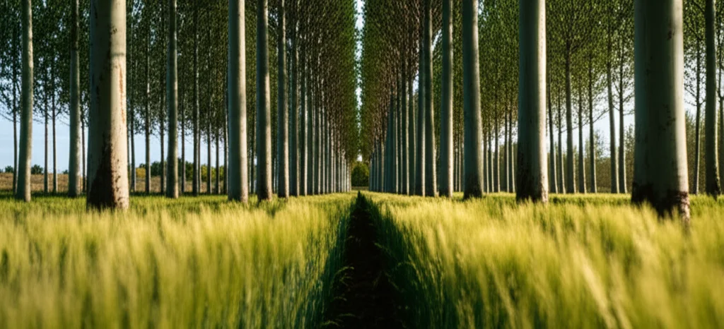 silvoarable system alley, wide angle 24mm, depth of field, rows of poplar trees casting dappled light on an understory barley crop
