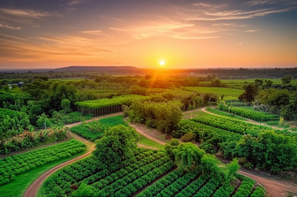 photorealistic image of a diverse agroforestry landscape at sunset, wide angle 24mm, sharp focus, showing resilience and sustainable farming practices