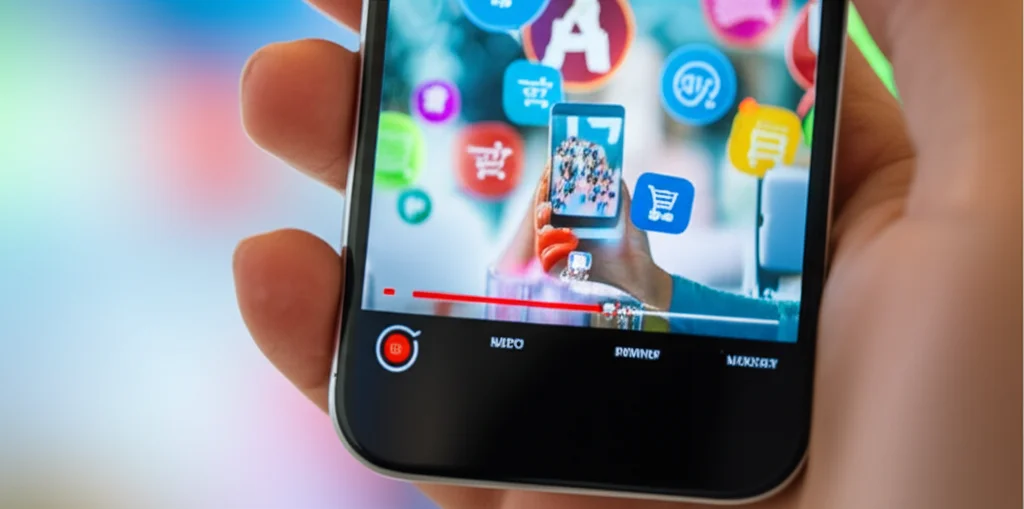 A hand holding a smartphone displaying a short video, with blurred shopping icons in the background, 60mm macro lens, high detail, precise focusing on the video content.