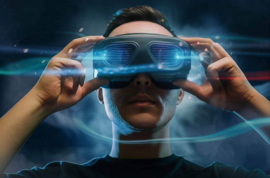 Photorealistic image of a person wearing advanced VR goggles, surrounded by swirling multi-sensory digital effects like light trails and subtle mist, portrait prime lens 35mm, depth of field, high detail.